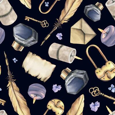 Writing supplies papyrus paper, craft envelope, gold pen, ink in a glass jar, candles, key with lock, flowers. Hand drawn watercolor illustration. Seamless pattern on a dark background