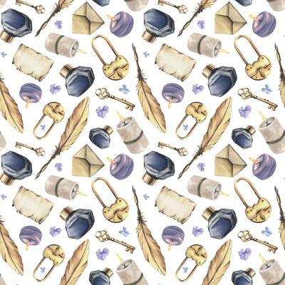 Writing supplies papyrus paper, craft envelope, gold pen, ink in a glass jar, candles, key with lock, flowers. Hand drawn watercolor illustration. Seamless pattern