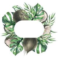 Coconuts whole, halves and pieces with bright, green, tropical palm leaves. Hand drawn watercolor illustration. Wreath, frame, template isolated from the background vector