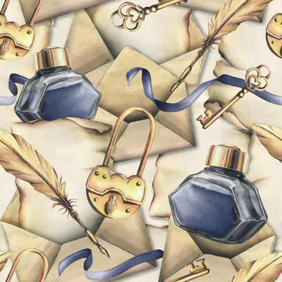 Writing supplies papyrus paper, craft envelope, gold feather, ink in a glass jar, ribbon and splashes. Hand drawn watercolor illustration. Seamless pattern, background.