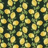 Lemons are yellow, juicy, ripe with green leaves, flower buds on the branches, whole and slices. Watercolor, hand drawn botanical illustration. Seamless pattern on a green background. vector