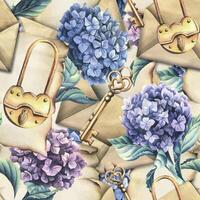 papiro papel, arte sobres con dorado llaves y Cerraduras con hortensia y eucalipto flores mano dibujado acuarela ilustración. sin costura patrón, antecedentes vector