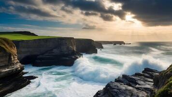 ai generado costero acantilado con dramático olas estrellarse en contra rocas foto