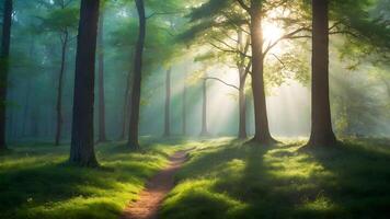 ai generado encantador bosque claro con luz de sol filtración mediante arboles foto
