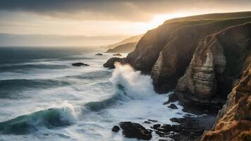 ai generado costero acantilado con dramático olas estrellarse en contra rocas foto