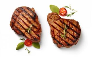 AI generated Grilled pork or beef steaks with chilli Isolated on White background photo