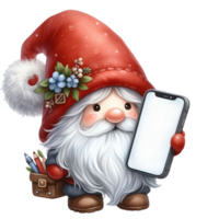 AI generated a cute gnome holding a blank white smartphone png