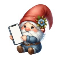AI generated a cute gnome holding a blank white smartphone png