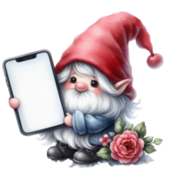 AI generated a cute gnome holding a blank white smartphone png