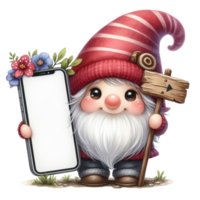 ai genererad en söt gnome innehav en tom vit smartphone png