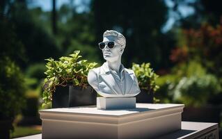 AI generated Marble statue in color glasses torso on a stand photo