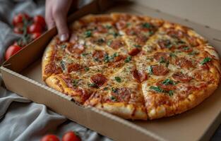 ai generado abierto caja con delicioso Pizza en mano foto