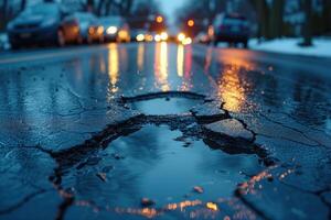 AI generated Road crack in the road and car moving on asphalt surface photo