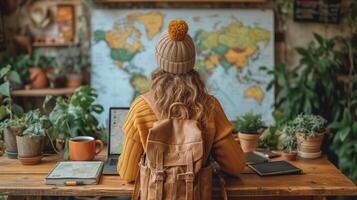AI generated Female travelogue with map and laptop on table photo