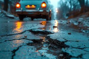 AI generated Road crack in the road and car moving on asphalt surface photo