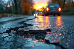 AI generated Road crack in the road and car moving on asphalt surface photo