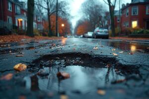 AI generated Road crack in the road and car moving on asphalt surface photo