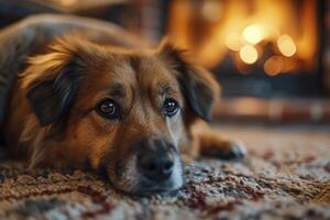 ai generado un contento perro pacíficamente mentiras en el suave alfombra cerca un calurosamente chicharrón hogar en el acogedor vivo habitación foto