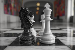 AI generated Black and white chess figures board posing in the front photo