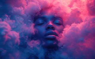 AI generated Face with dark sky-blue and light magenta clouds surrounding his face photo