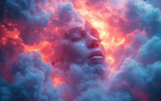 AI generated Face with dark sky-blue and light magenta clouds surrounding his face photo