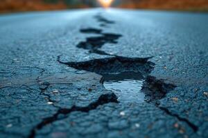 AI generated Road crack in the road and car moving on asphalt surface photo