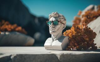 AI generated Marble statue in color glasses torso on a stand photo