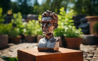 AI generated Marble statue in color glasses torso on a stand photo