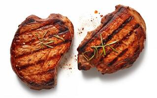 AI generated Grilled pork or beef steaks with chilli Isolated on White background photo