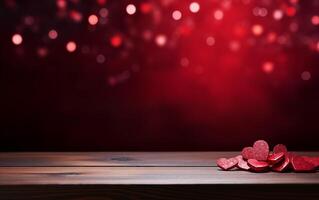 ai generado vacío madera mesa San Valentín día rojo antecedentes con corazones foto