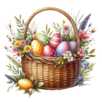 AI generated easter basket with eggs and flowers png