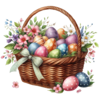 AI generated easter basket with eggs and flowers png