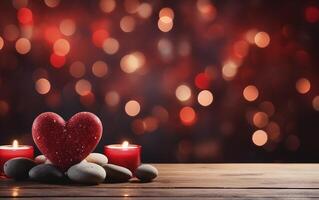 AI generated Empty wood stone podium table Valentine's Day red background with heart's photo