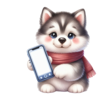 AI generated husky puppy holding a phone with a blank screen png