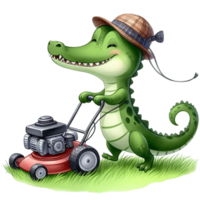 ai généré mignonne dessin animé alligator fauchage herbe avec une pelouse tondeuse png