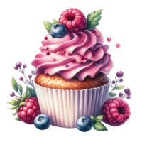 AI generated cupcake with berries and flowers png
