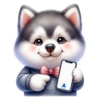 AI generated husky puppy holding a phone with a blank screen png