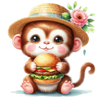 ai gegenereerd schattig weinig aap Holding een Hamburger png