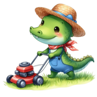 ai généré mignonne dessin animé alligator fauchage herbe avec une pelouse tondeuse png