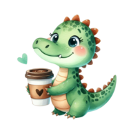 AI generated cute cartoon alligator holding a cup of coffee png