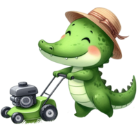 AI generated cute cartoon alligator mowing grass with a lawn mower png
