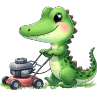 ai généré mignonne dessin animé alligator fauchage herbe avec une pelouse tondeuse png