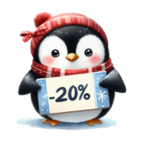 AI generated cartoon penguin holding a sign with 20 percent off png