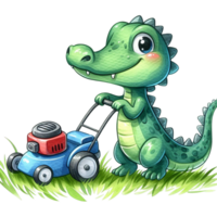 ai généré mignonne dessin animé alligator fauchage herbe avec une pelouse tondeuse png