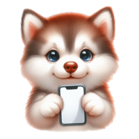 AI generated husky puppy holding a phone with a blank screen png