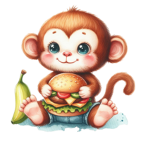 AI generated cartoon monkey holding a burger png