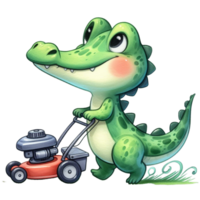 ai généré mignonne dessin animé alligator fauchage herbe avec une pelouse tondeuse png