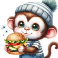ai gerado desenho animado macaco segurando uma hamburguer png