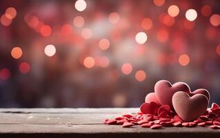 ai generado vacío madera Roca podio mesa San Valentín día rojo antecedentes con corazones foto