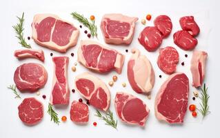 AI generated Meat cow ready with vegetable for cooking Isolated on White background photo